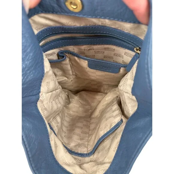 Michael Kors Pushlock Blue Leather Shoulder Bag Gold-Tone Hardware Front Pocket - Picture 10 of 14